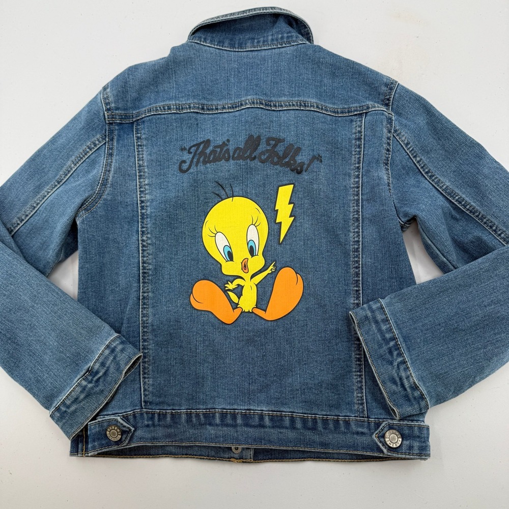 Looney Tunes Denim Jacket Girls Size L 10/12 Blue Tweety Bird That's All Folks